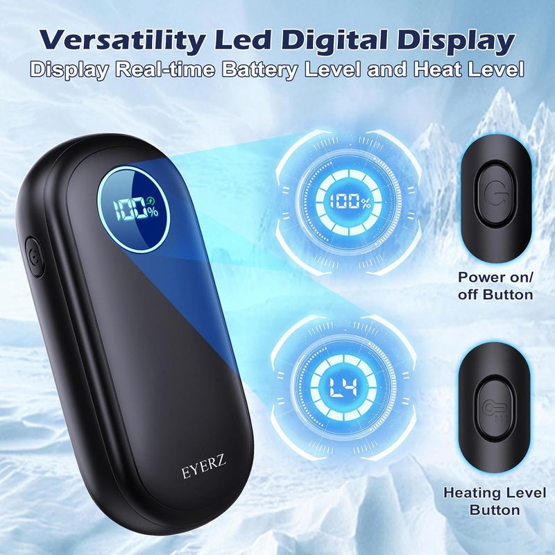 EYERZ Hand Warmers Rechargeable, Dual-Sided Electric Hand Warmers, LED Display, 4 Levels Fast Heat, Portable Heater Handwarmers, Gifts for Men, Women, Christmas, Hunting, Camping - Image 4